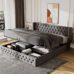 Matteo Functional Upholstered Bed With Hydraulic Lever, 150X200 Cm, Grey Velvet, Without Mattress - thumbnail 1