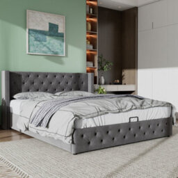 Matteo Functional Upholstered Bed With Hydraulic Lever, 150X200 Cm, Grey Velvet, Without Mattress - thumbnail 3