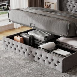 Matteo Functional Upholstered Bed With Hydraulic Lever, 150X200 Cm, Grey Velvet, Without Mattress - thumbnail 2