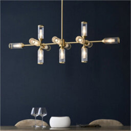 Loops Hanging Ceiling Bar Pendant Light - 13X Ribbed Frosted Glass Shades - Satin Brass Linear Lamp - thumbnail 3