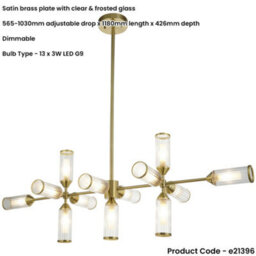 Loops Hanging Ceiling Bar Pendant Light - 13X Ribbed Frosted Glass Shades - Satin Brass Linear Lamp - thumbnail 2