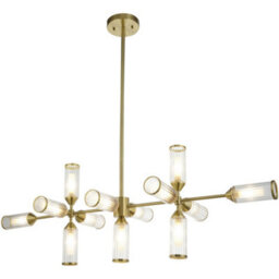 Loops Hanging Ceiling Bar Pendant Light - 13X Ribbed Frosted Glass Shades - Satin Brass Linear Lamp