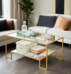 Modcraft Modern Glass Coffee Table With Storage And Gold Steel Frame, Tempered Glass Shelves - thumbnail 8