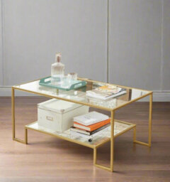 Modcraft Modern Glass Coffee Table With Storage And Gold Steel Frame, Tempered Glass Shelves - thumbnail 2