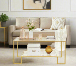 Modcraft Modern Glass Coffee Table With Storage And Gold Steel Frame, Tempered Glass Shelves - thumbnail 3