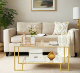 Modcraft Modern Glass Coffee Table With Storage And Gold Steel Frame, Tempered Glass Shelves - thumbnail 5