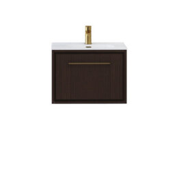 Royal Bathrooms Livora 600mm Walnut Woodgrain Wall Hung Bathroom Vanity Unit 1 Drawer With Ceramic Basin & Brushed Brass Handle - thumbnail 6