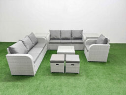 Fimous 9 Seater Poly Rattan Outdoor Garden Furniture Square Coffee Table Sofa Set 3 Seater Stools 2 Side Table Light Grey - thumbnail 1