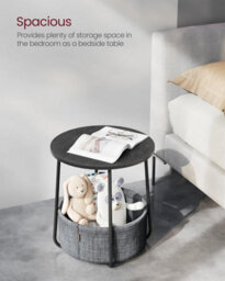 Songmics Vasagle Side Table, Round End Table With Fabric Basket, Spacious, For Any Space, Bedside Table, Modern, Ebony Black & Slate Grey - thumbnail 3