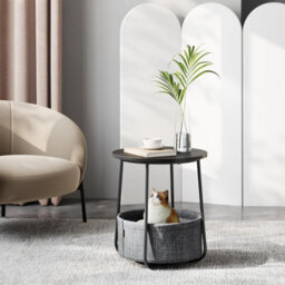 Songmics Vasagle Side Table, Round End Table With Fabric Basket, Spacious, For Any Space, Bedside Table, Modern, Ebony Black & Slate Grey