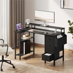 Yaheetech Black 120 Cm L Shaped Wooden Computer Desk With Charging Station & 4 Drawers - thumbnail 1