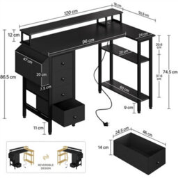 Yaheetech Black 120 Cm L Shaped Wooden Computer Desk With Charging Station & 4 Drawers - thumbnail 3