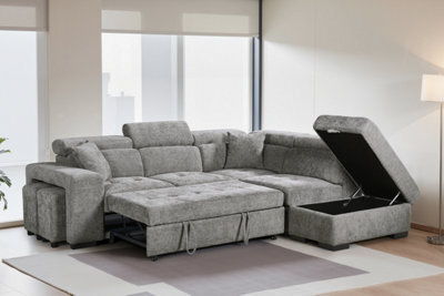 Grey Chenille Fabric Corner Sofa Bed With Storage And Ottomans 2C1 Sofabed - image 1