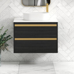 Royal Bathrooms Orion 800mm Hale Black Wall Hung Plain White Countertop Vanity Unit 2 Drawer With Peak Basin & Brushed Brass Accent Trim - thumbnail 1