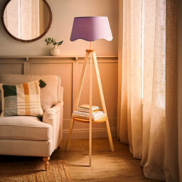 ValueLights Morrigan Cream Wood Shelf Floor Lamp With Lilac Scallop Shade And Bulb