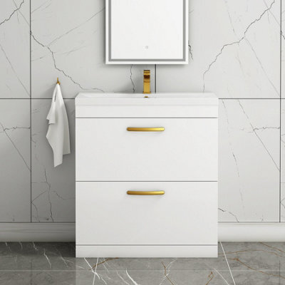 Royal Bathrooms Turin Gloss White 800mm Floor Standing Vanity Unit 2 Drawer With Mid-Edge Basin Sink & Brushed Brass Handles - image 1