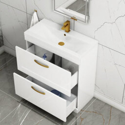 Royal Bathrooms Turin Gloss White 800mm Floor Standing Vanity Unit 2 Drawer With Mid-Edge Basin Sink & Brushed Brass Handles - thumbnail 3