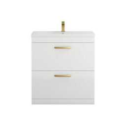Royal Bathrooms Turin Gloss White 800mm Floor Standing Vanity Unit 2 Drawer With Mid-Edge Basin Sink & Brushed Brass Handles - thumbnail 6