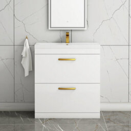 Royal Bathrooms Turin Gloss White 800mm Floor Standing Vanity Unit 2 Drawer With Mid-Edge Basin Sink & Brushed Brass Handles