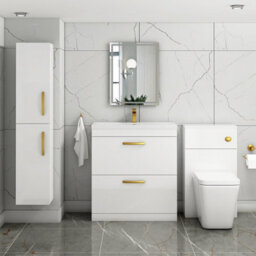 Royal Bathrooms Turin Gloss White 800mm Floor Standing Vanity Unit 2 Drawer With Mid-Edge Basin Sink & Brushed Brass Handles - thumbnail 2