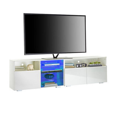 MMT Funiture Designs White Tv Stand Cabinet 200Cm With Led Lights, Storage Shelves Soundbar Shelf 55Cm Tall - image 1