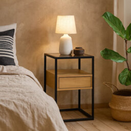 Wyld Haus Wrenna Oak Effect Bedside Table With Tempered Glass Top And Drawer - thumbnail 2