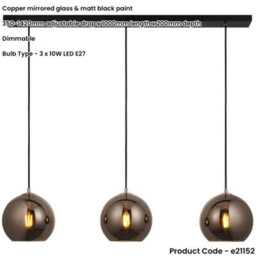 Loops Hanging Ceiling Pendant Light - Copper Mirrored Glass & Matt Black Paint - 3 X 10W Led E27 - thumbnail 2