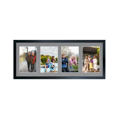 AK Frames 50X20Cm Black Sleek Multi Photo Frame With Mid Grey Mount - Holds 4 Apertures (4X) 6X4 Photos - image 1