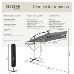 Tectake Parasol Sunna - 250 X 250 Cm With Led Solar Lighting, With Protective Cover - Light Grey - thumbnail 6