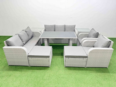 Fimous 10 Seater Outdoor Dining Table 3 Seater Sofa Reclining Chair Set With 2 Side Tables 2 Big Stools Light Grey - image 1