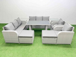 Fimous 10 Seater Outdoor Dining Table 3 Seater Sofa Reclining Chair Set With 2 Side Tables 2 Big Stools Light Grey - thumbnail 2