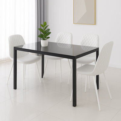 Kosy Koala Black Glass Dining Table Set With 4 White Faux Leather Gem Pattern Chairs Dining Kitchen Furniture - image 1