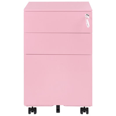 Beliani Office Pink Steel 3-Drawer Locking Storage Unit On Castors, Compact Home Office Filing Cabinet - image 1