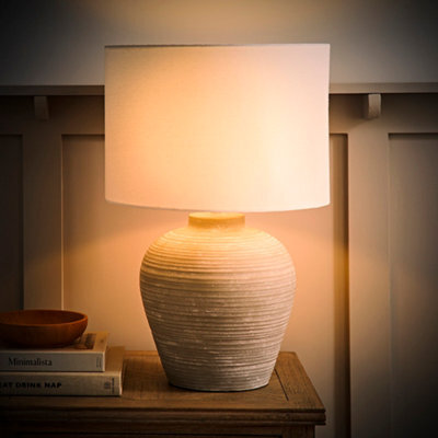 Valuelights Reid Linen Drum Lamp Shade Stone Grey Ribbed Ceramic Large Table Lamp With Bulb - image 1