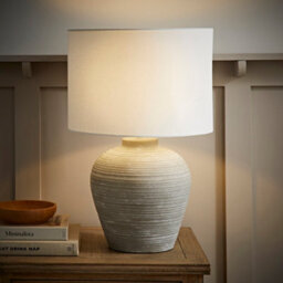 Valuelights Reid Linen Drum Lamp Shade Stone Grey Ribbed Ceramic Large Table Lamp With Bulb - thumbnail 3