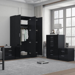 Reflect 3 Door Plain Wardrobe, 5 Drawer Chest, 2X 2 Drawer Bedsides - Black Gloss & Black Oak - Modern Bedroom Furniture Set - thumbnail 2