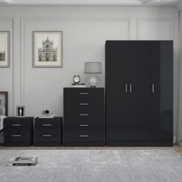 Reflect 3 Door Plain Wardrobe, 5 Drawer Chest, 2X 2 Drawer Bedsides - Black Gloss & Black Oak - Modern Bedroom Furniture Set - thumbnail 3