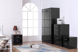 Reflect 3 Door Plain Wardrobe, 5 Drawer Chest, 2X 2 Drawer Bedsides - Black Gloss & Black Oak - Modern Bedroom Furniture Set - thumbnail 1