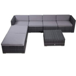 Evre Grey Nevada 6 Seater Rattan Modualar Outdoor Garden Furniture Sofa Patio Set With Heavy Glass Coffee Table & Thick Cushions
