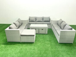 Fimous Rattan Garden Outdoor Furniture Set 12 Seater Garden Sofa Oblong Coffee Table Set 3 Stools Light Grey - thumbnail 2