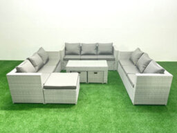 Fimous Rattan Garden Outdoor Furniture Set 12 Seater Garden Sofa Oblong Coffee Table Set 3 Stools Light Grey - thumbnail 1