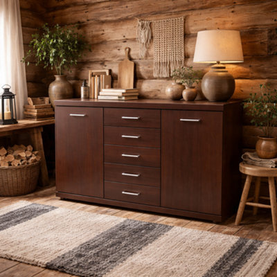 Wyld Haus Sonderborg Wide Dark Mahogany Wood Veneer Sideboard 2 Doors 5 Drawers - image 1