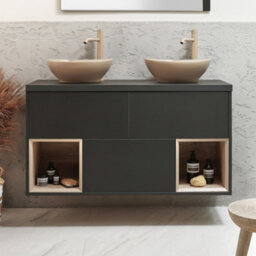 Homestylestore Black Grey 1200mm Led Lit Wall Hung Bathroom Vanity Unit Oval Sand Countertop Basins Open Shelves - thumbnail 2
