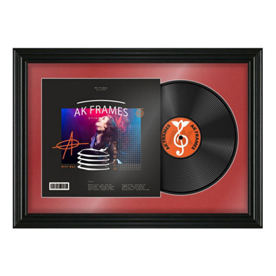"AK Frames 25X17"" Black Swept Vinyl Record Frame With Crimson Mount For 12 Inch Lp Cover & Disc - Overlapped Design" - image 1