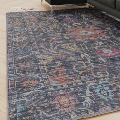 Loomed Floral Design Cotton Chenille Rug Navy Multicolour Machine Washable 80Cm X 150Cm - image 1