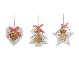 Shatchi Christmas Tree Ornaments Wooden Aesthetic Hanging Decorations Set Of 6 Pcs With Ribbons And Bells Xmas Diy Holiday - thumbnail 5