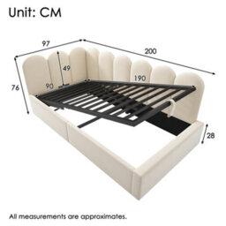 Btm 3Ft Upholstered Daybed 90X190 Cm, Sofa Bed With Hydraulic Storage, Metal Slatted Frame, Velvet, Beige, No Mattress - thumbnail 2