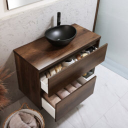 Homestylestore Dark Oak 1000mm Led Lit Wall Hung Bathroom Vanity Unit With Oval Countertop Basin And Graphite Basin - thumbnail 2