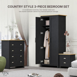 Afn Home Country Style 3 Piece Bedroom Set, 2 Door Wardrobe, 4 Drawer Chest & 2 Drawer Bedside Cabinet, Black/oak - thumbnail 7