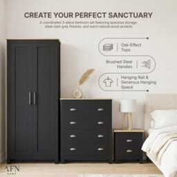 Afn Home Country Style 3 Piece Bedroom Set, 2 Door Wardrobe, 4 Drawer Chest & 2 Drawer Bedside Cabinet, Black/oak - thumbnail 6